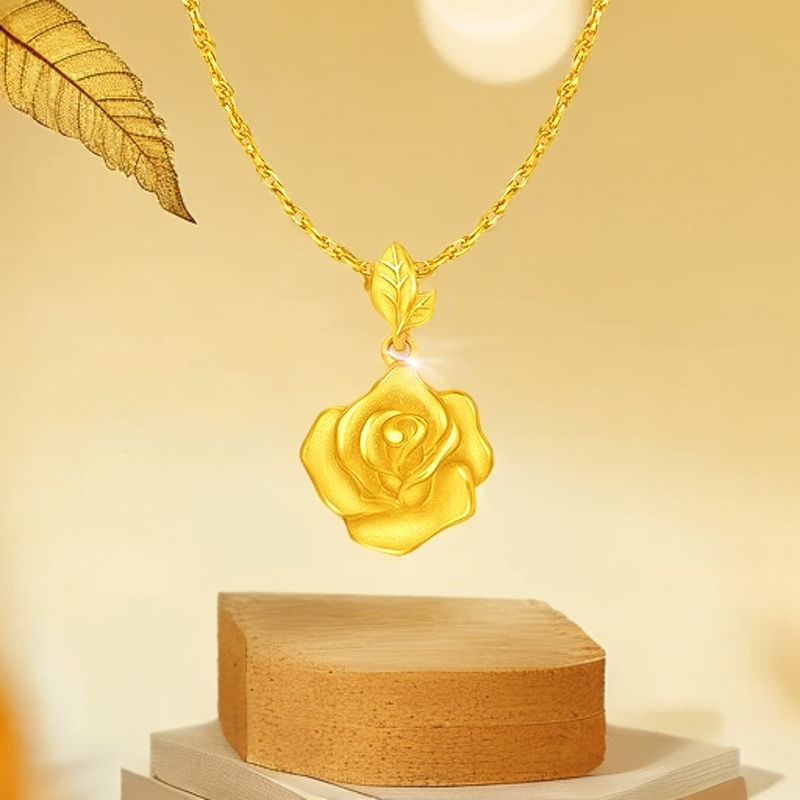 黄铜项链 立体玫瑰花花朵吊坠项链时尚简约气质金色精美