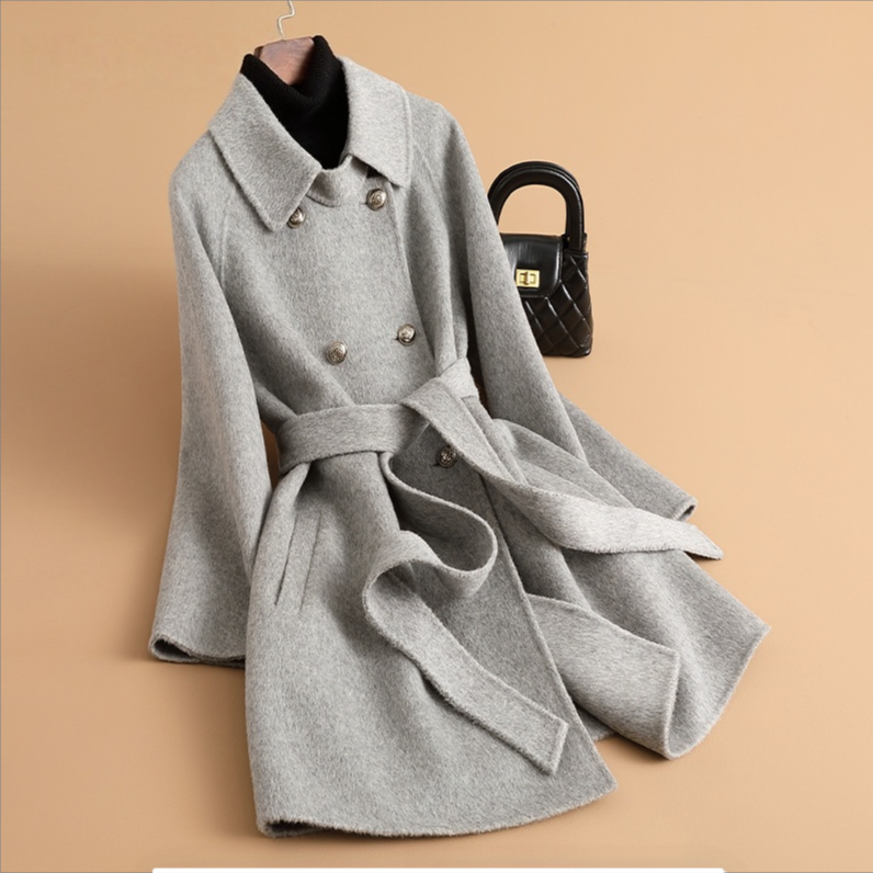 6609高端双面绒大衣女中长款2025新款双排扣系带小个子毛呢外套
