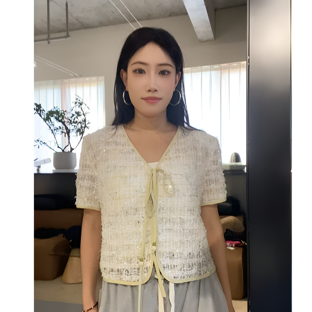 气质时尚V领短袖小香风短款开衫外套