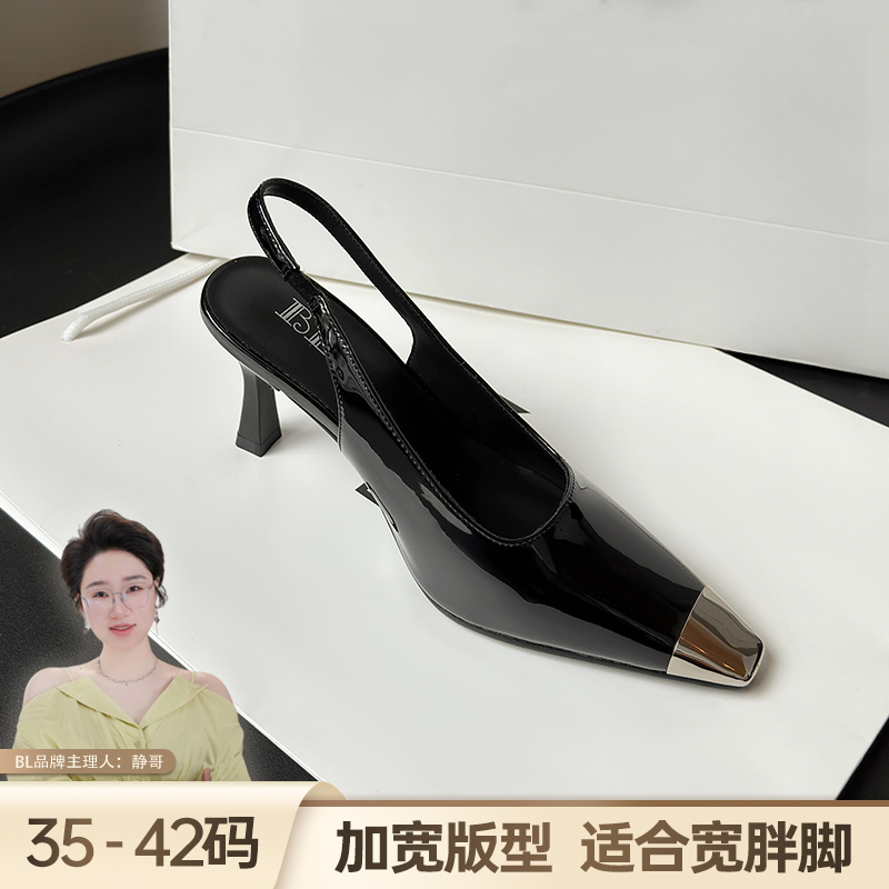 BL静哥加宽大码女鞋包头凉鞋子细跟高跟鞋黑色漆皮夏季气质X52075