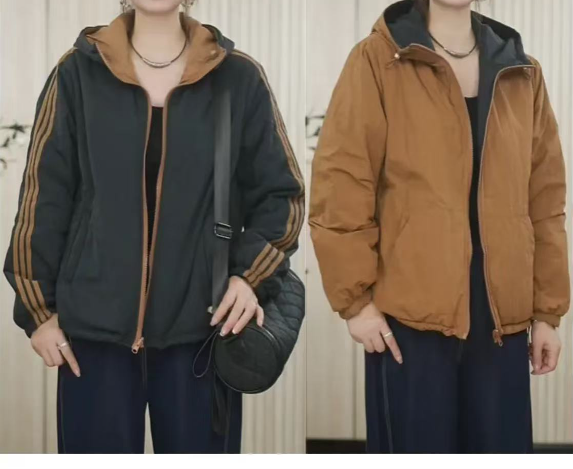 【两面穿】秋冬宽松型连帽棉衣撞色时尚休闲双面穿女款防风短款棉服