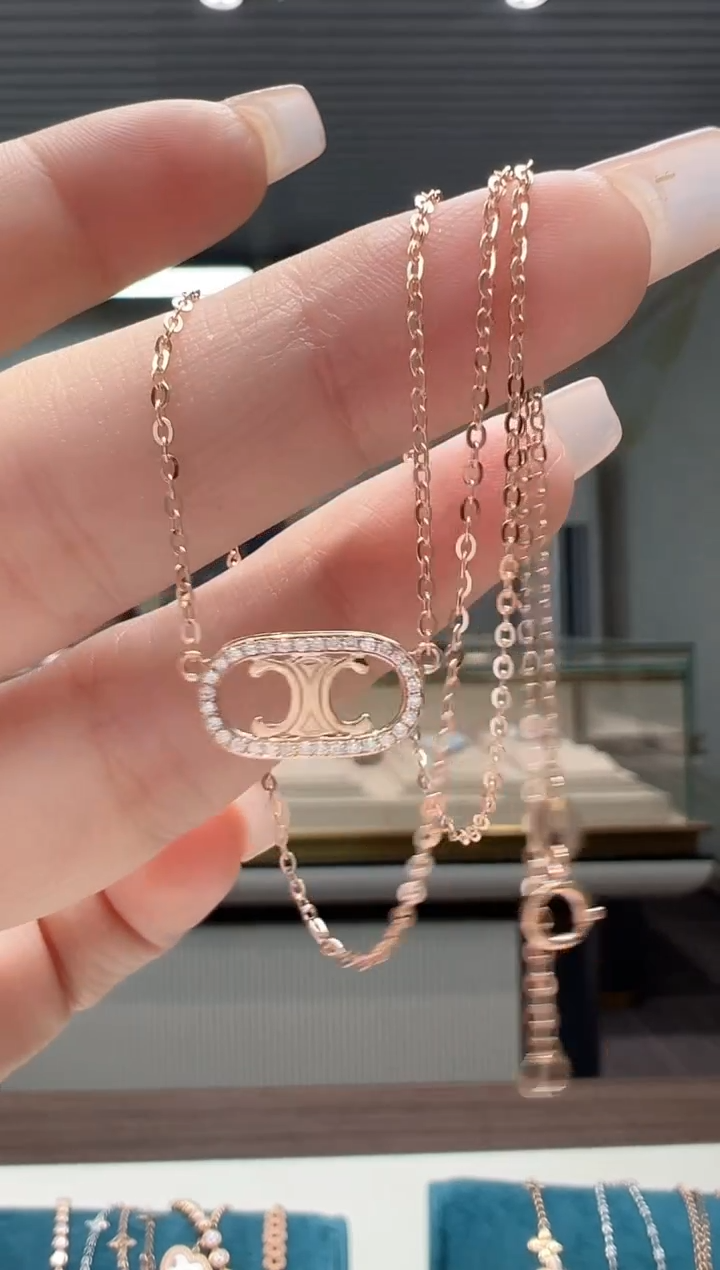 【闪购商品】钻石颈饰18K金镶嵌满钻心门锁骨链K红