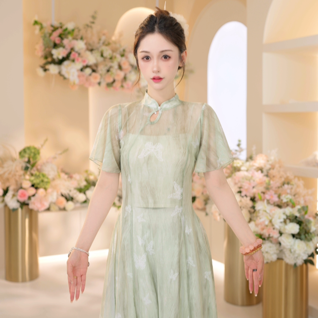 3614 D舞蹈服古风蝴蝶网纱短袖长裙旗袍