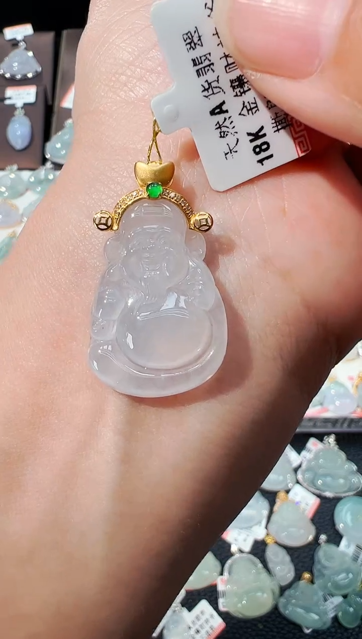 【闪购商品】翡翠吊坠(不含链)18K金镶嵌财神爷吊坠962