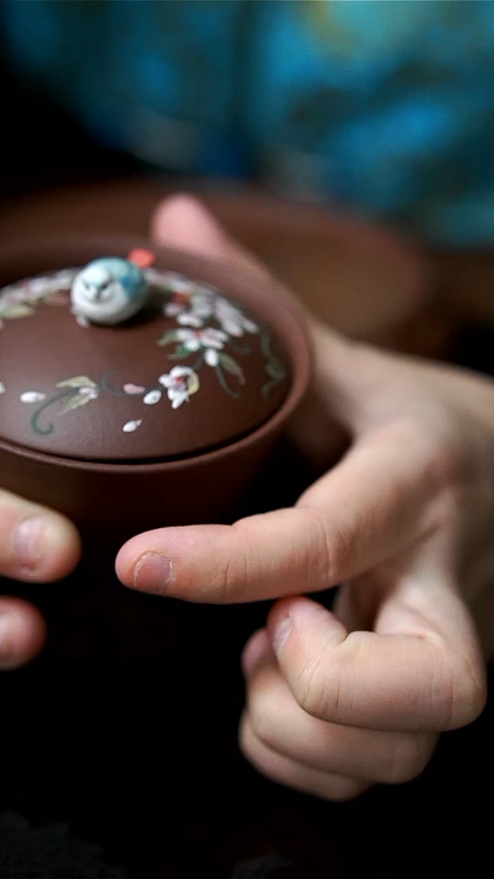 茶壶紫砂紫泥紫荆花小鸟盖碗