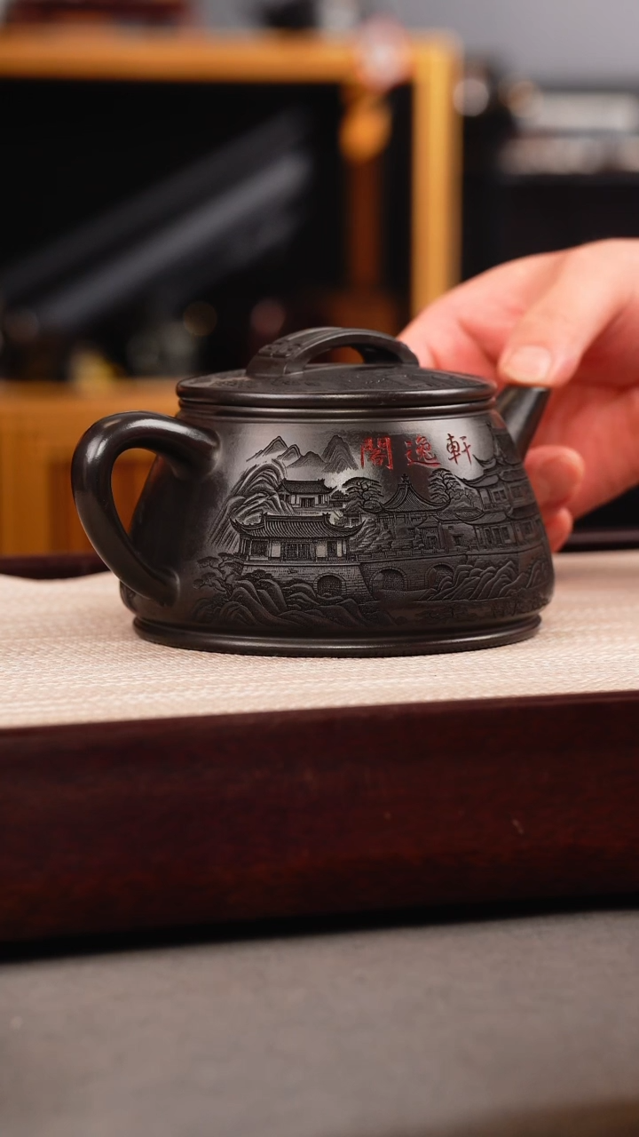 茶壶紫砂石黄 剑流石瓢 刻绘