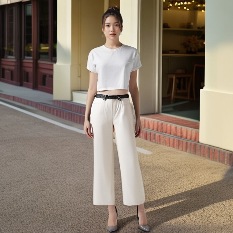 WEWE/唯唯裤子白色窄版舒适女士阔腿简约宽松女休闲裤显瘦薄款