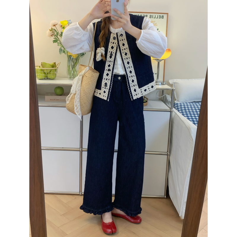 丹宁蓝牛仔～早秋显瘦防掉色弹力腰小个子九分直筒裤蕾丝牛仔