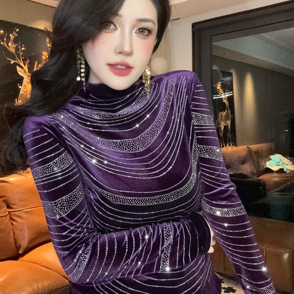 2026长袖休闲风新潮风烫钻镶钻女T恤网红针织时尚百搭打底衫Z859