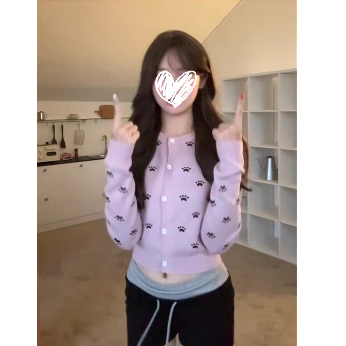 美式满印波点针织开衫上衣女秋冬休闲显瘦百搭短款圆领毛衣#Y8570
