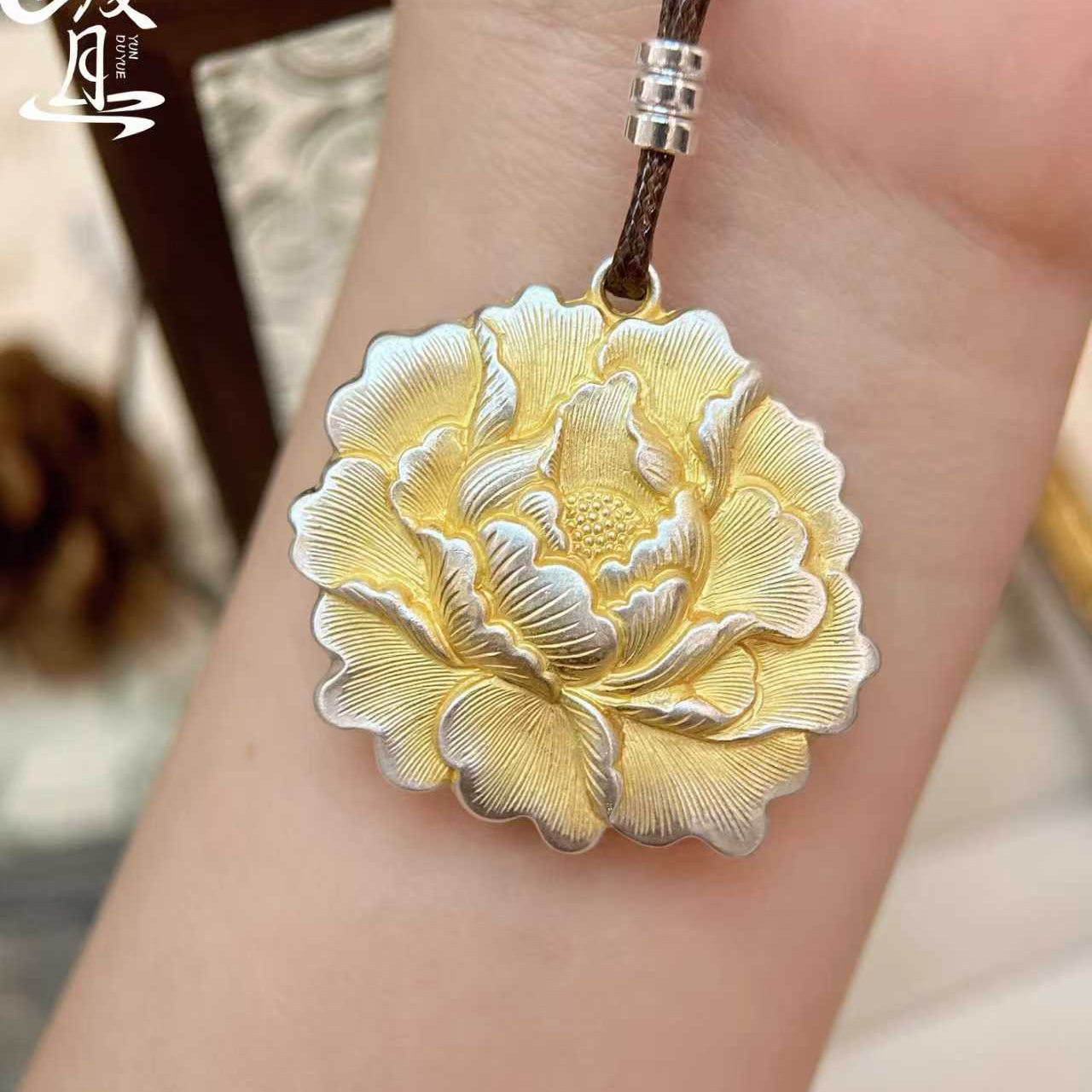 吊坠足银 牡丹花吊坠套链足银999描金纯银实心吊坠女新中式百搭