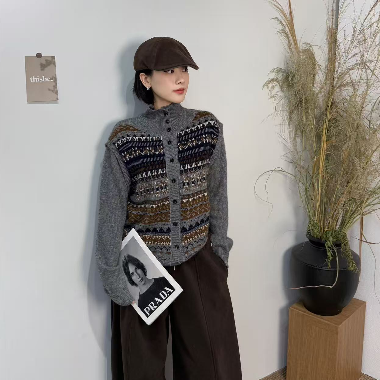 9101#复古风费尔岛提花针织开衫女高级感单排扣翻领毛衣假两件