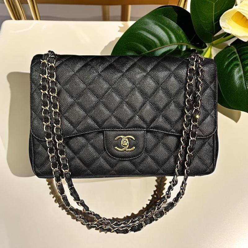 95新 Chanel/香奈儿 黑金双盖jumbo单肩包标卡全16开G8332