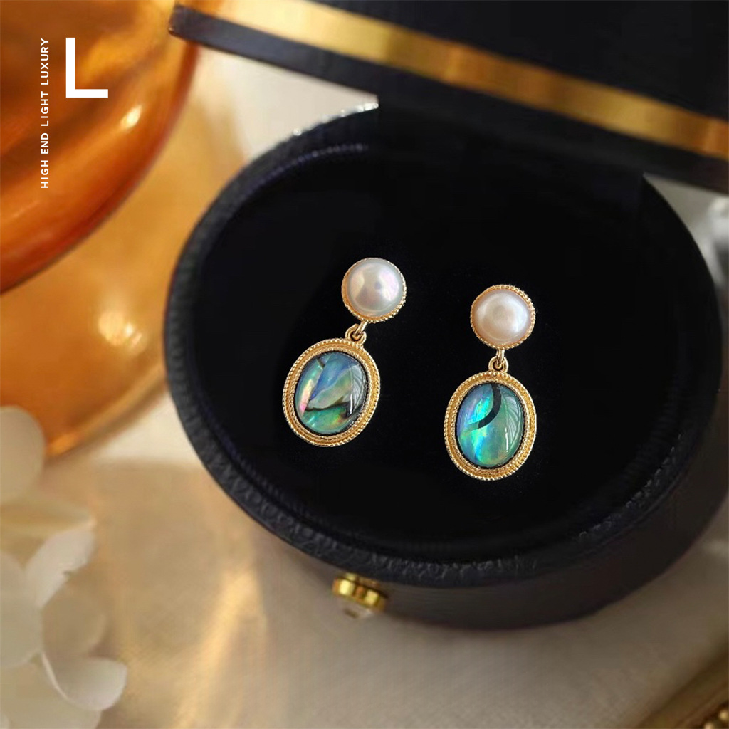 铜合金贝壳耳饰 氵炎水复古真贝壳鲍鱼贝椭圆几何镀14K新款耳饰女