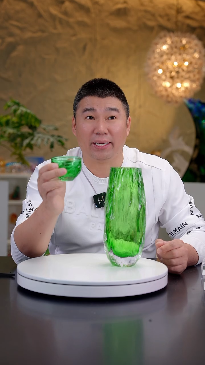 手工艺品琉璃祖母绿树干肌理纹花器+主人杯