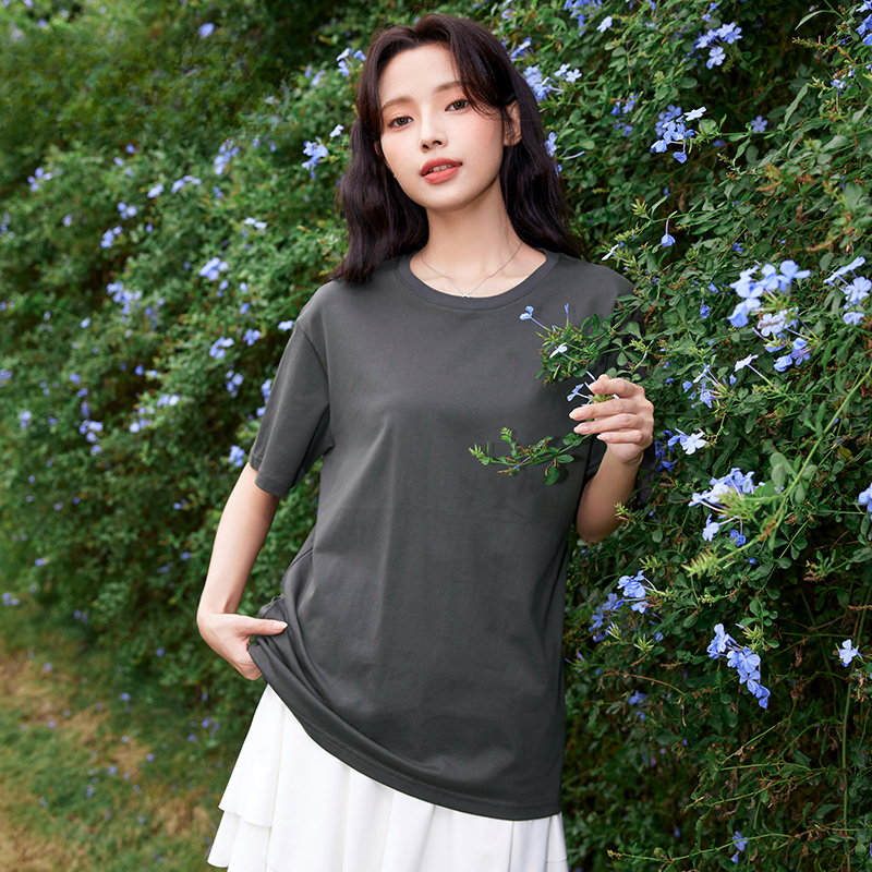 纯棉短袖圆领t恤女2025新款夏季休闲百搭宽松正肩半袖全棉上衣服