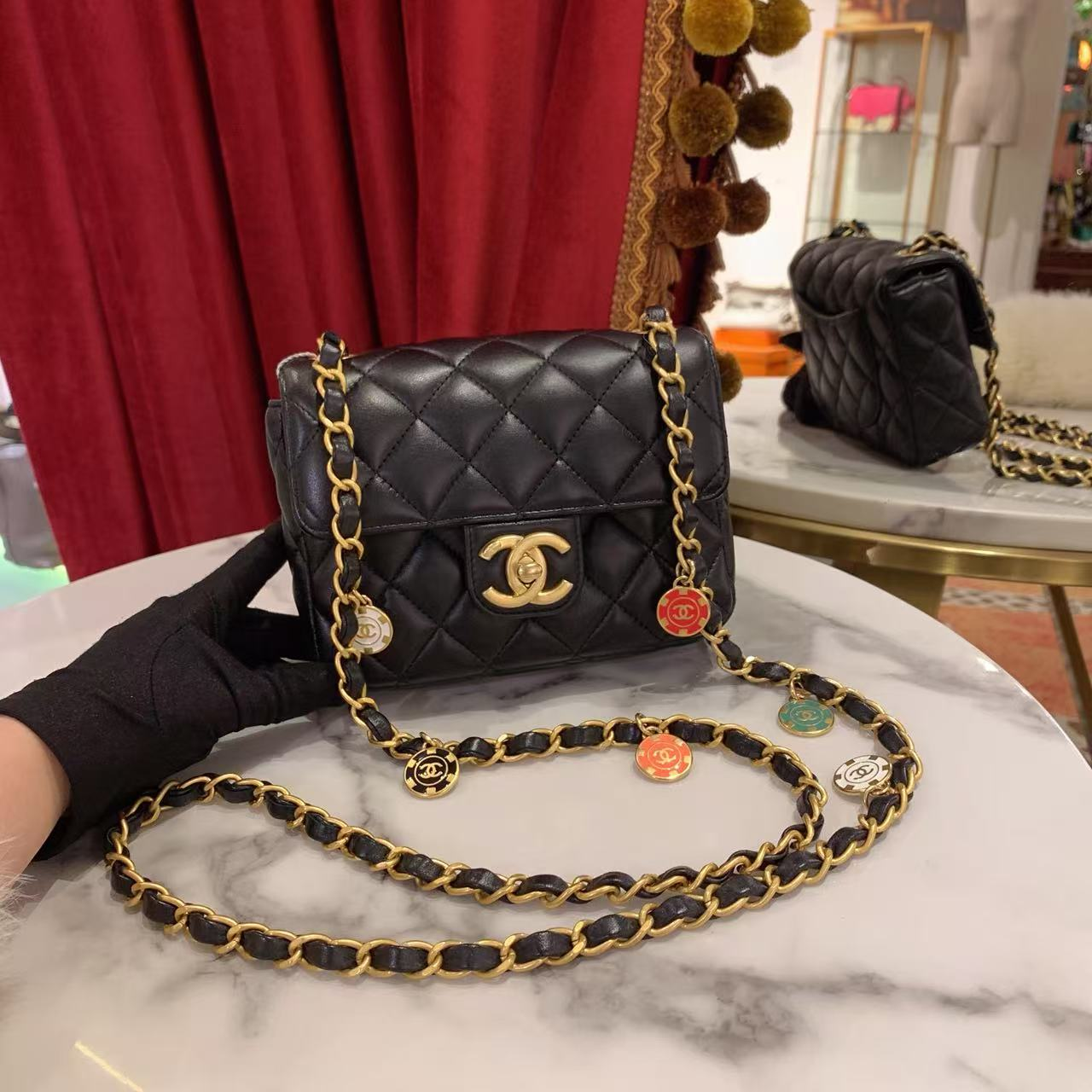 95新 Chanel/香奈儿 23c筹码徽章链条方胖子黑色单肩包34177344