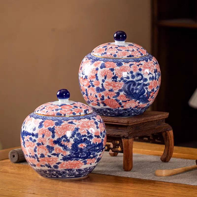 高档龙凤呈祥青花釉里红陶瓷密封茶叶罐家用防潮适用