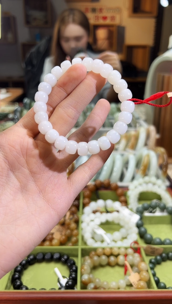 未镶嵌手串和田玉天泰白玉算盘珠卡8x10