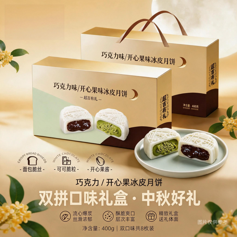 中秋冰皮月饼礼盒巧克力开心果双拼流心月饼精致礼盒节日送礼团购