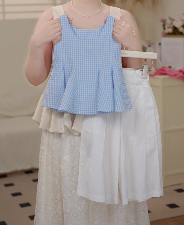 2025女童夏季韩版薄款格子小背心阔腿裤套装时尚洋气25514E