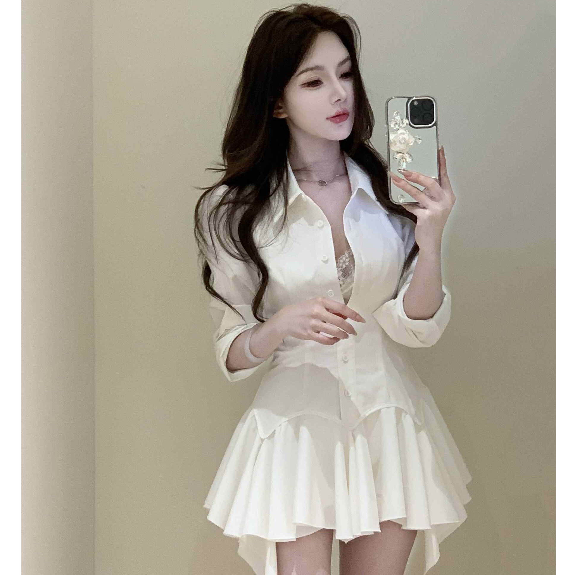 Z15004法式纯欲风性感衬衫拼接连衣裙女春夏新款五一旅游出街衣服