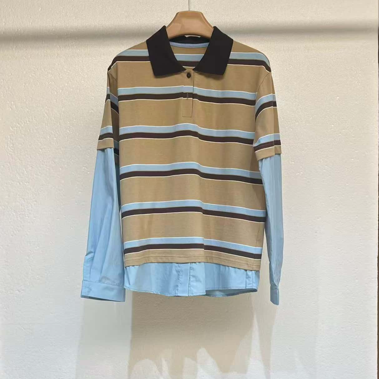 【简白】条纹拼接polo时尚衬衫格子秋季中长款A67041