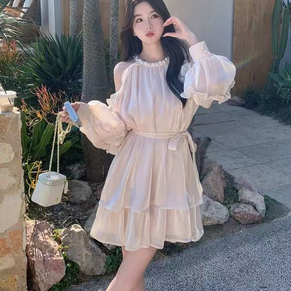 法式甜美初恋公主短裙女夏季装穿搭露肩雪纺连衣裙高级感