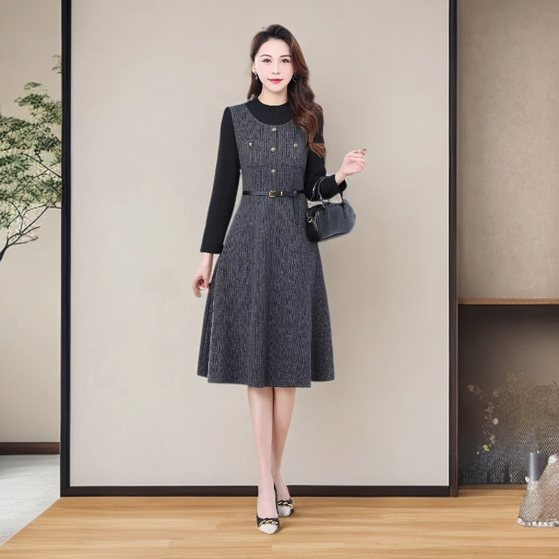 L004#灰【木兮兮专属】2025春季新款气质显瘦减龄中长款时尚连衣裙