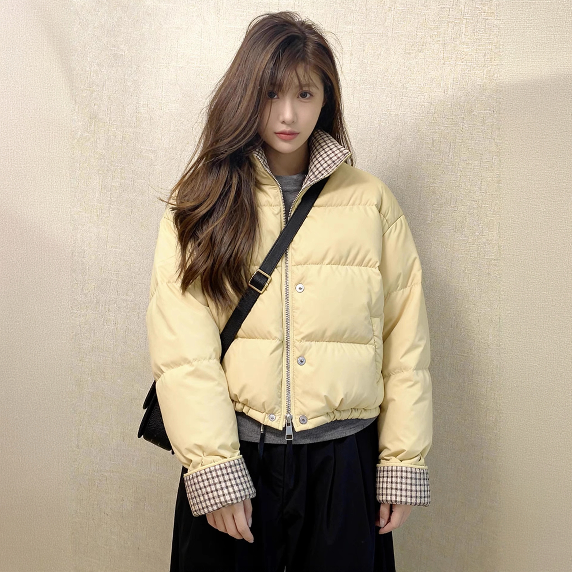 格子拼接短款面包服女2025冬季新款时尚棉服小个子加厚保暖外套