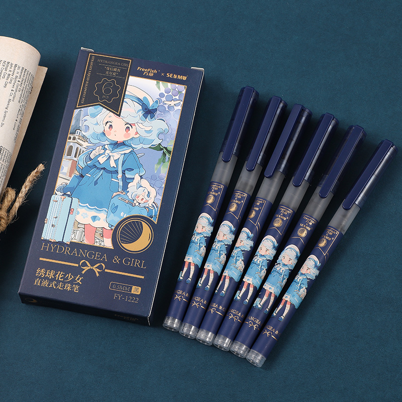 方鱼少女系列0.5黑色直液式走珠笔-6盒      FY-1222