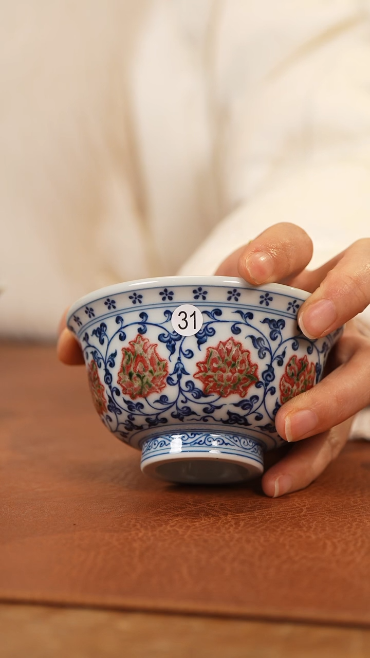 【闪购商品】杯和然窑青花釉里红缠枝莲压手杯