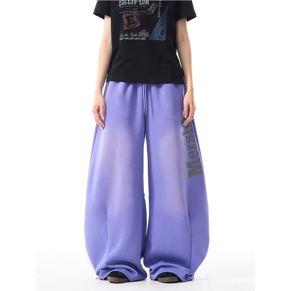 美式复古做旧字母弯刀阔腿卫裤女宽松休闲百搭直筒拖地裤子
