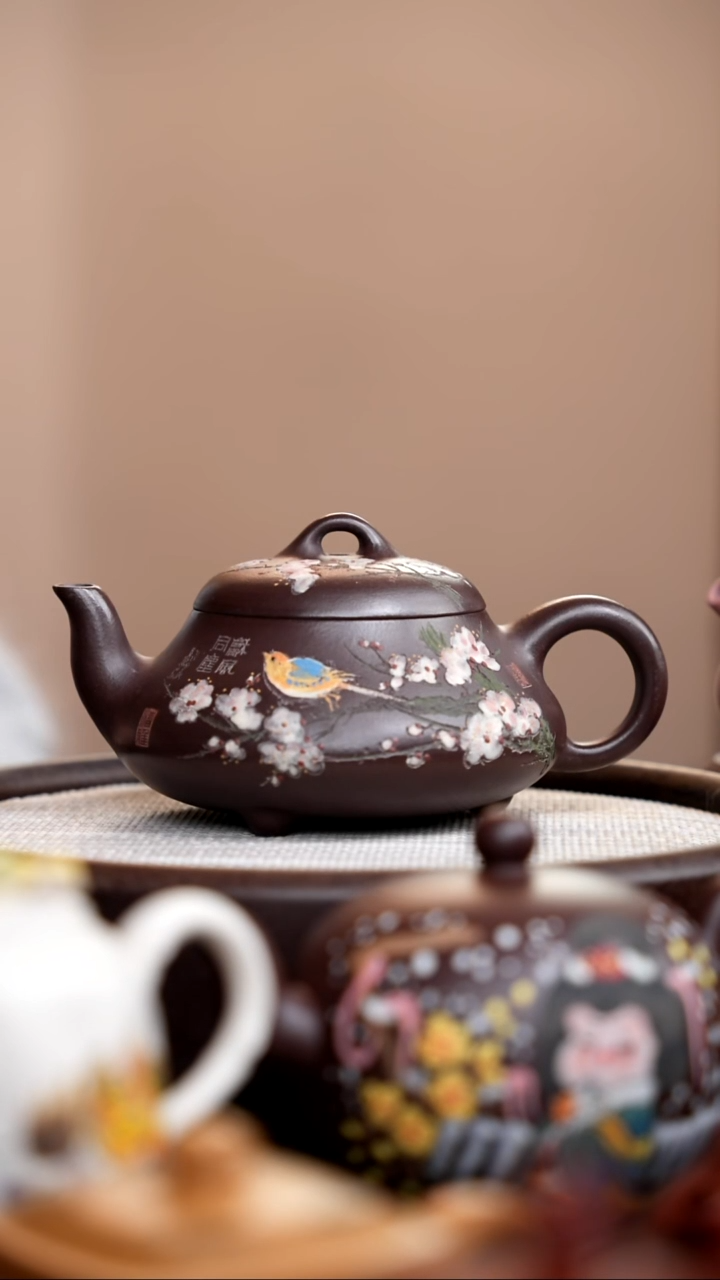 茶壶紫砂002   紫泥汉棠石瓢彩刻花鸟