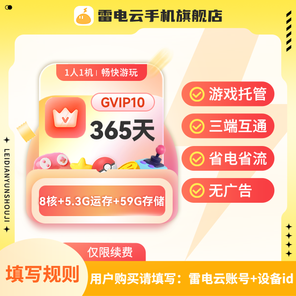 雷电云【续费云手机】GVIP10 年卡 