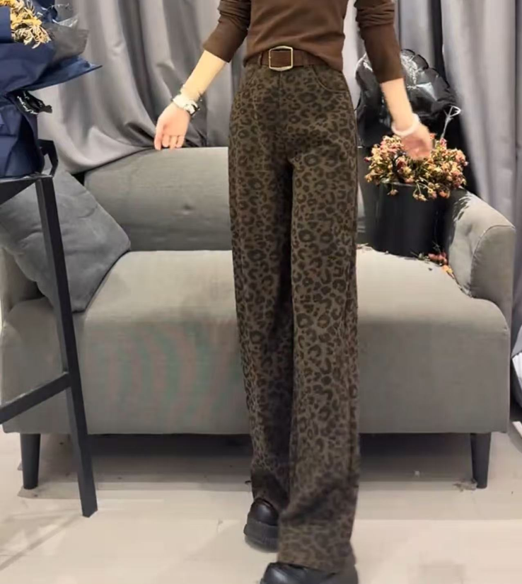 猫猫定制--[T5122]美式高街辣妹复古豹纹高腰宽松显瘦拖地长裤潮