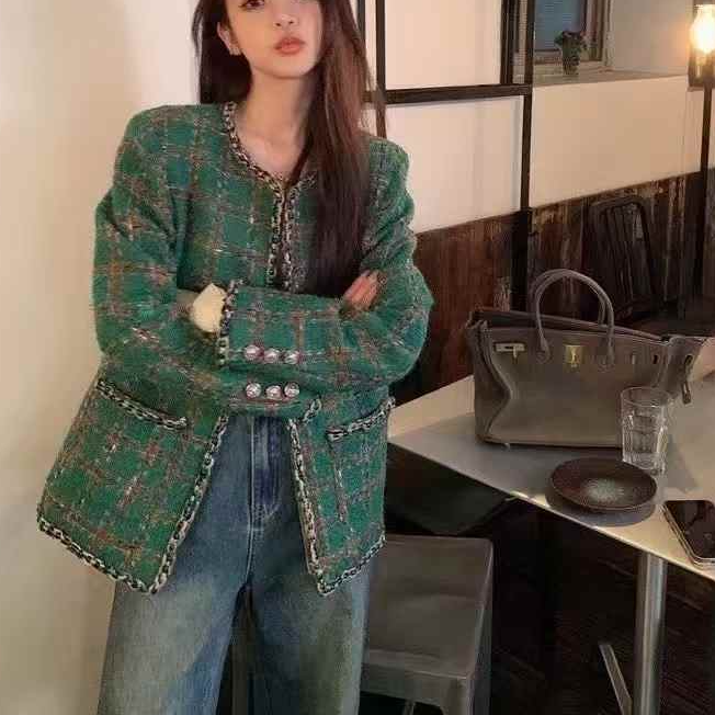 99新 Chanel/香奈儿 34码23A爆款绿色粗花呢编织边经典圆领外套 