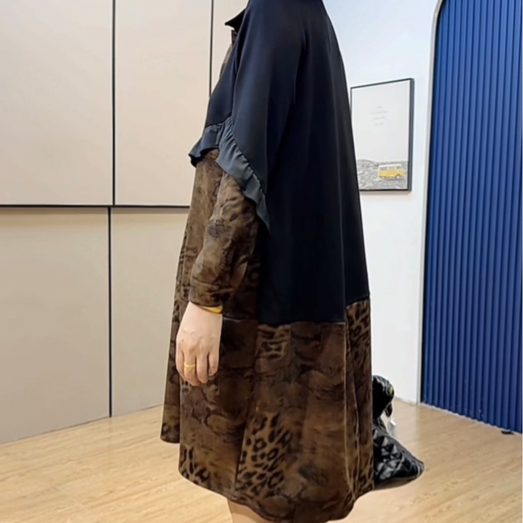 设计师款拼色豹纹连衣裙（卡码拍小）