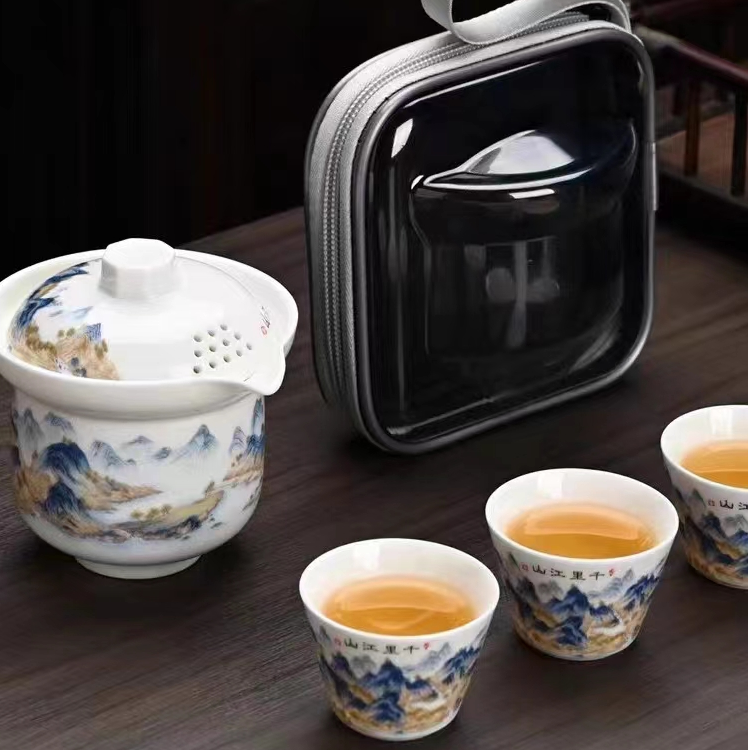 KK0515-千里江山旅行茶具车载高档户外简约陶瓷中式手绘便携式