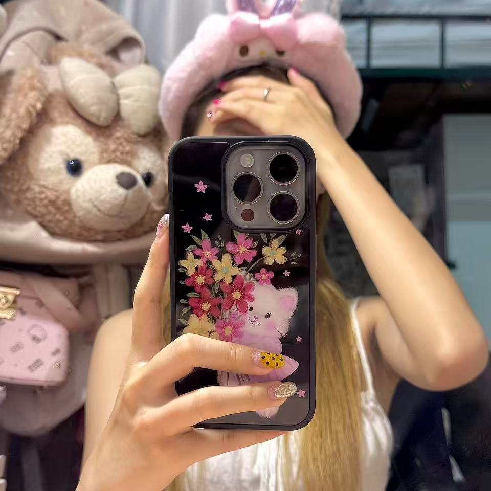黑边玻璃拿花猫咪适用苹果17promax/iPhone17pro/16/15/14/手机壳
