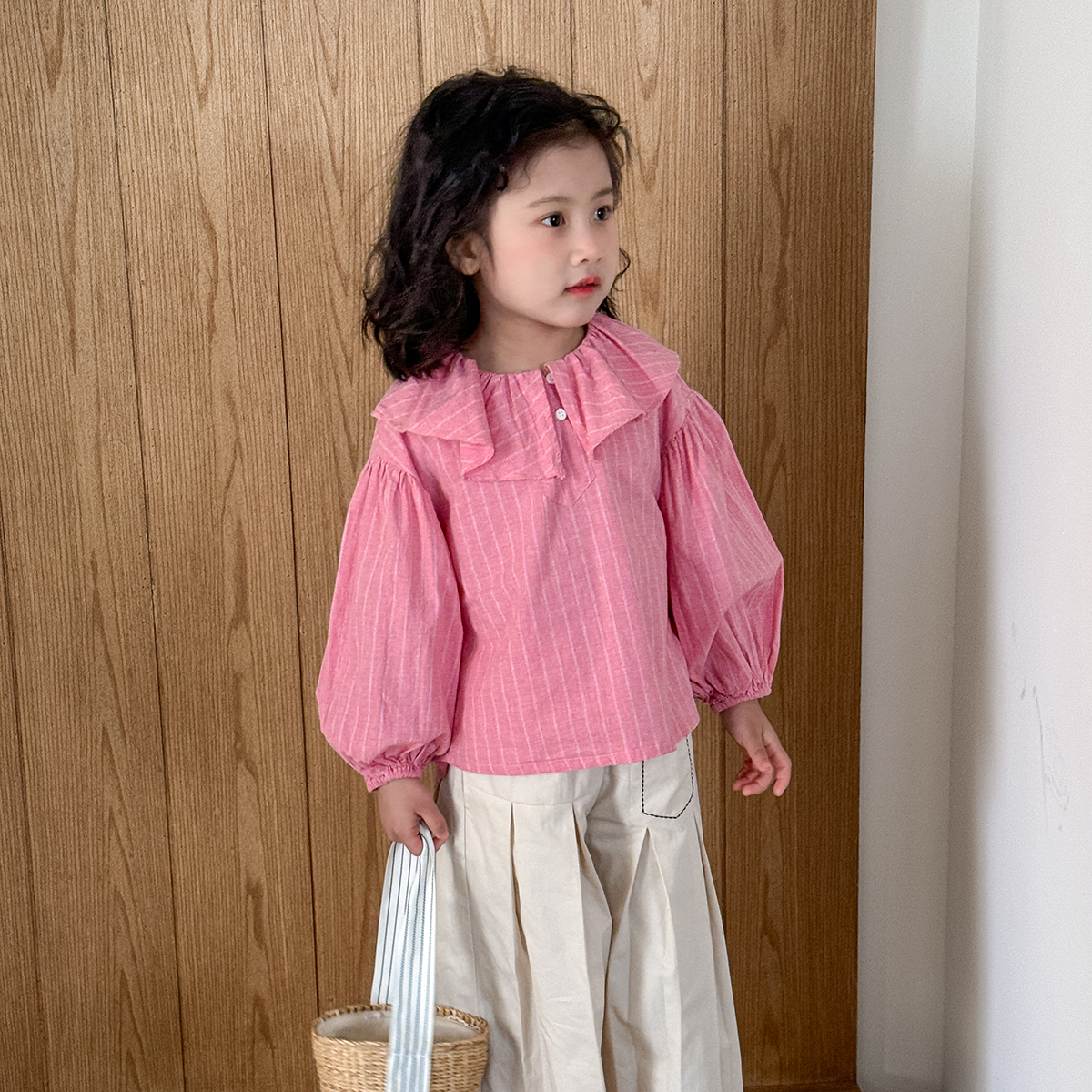 现货【粉曼】100%棉5587女童春装粉色条纹娃娃衫洋气甜美长袖衬衫