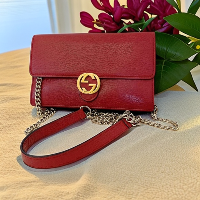 95新 GUCCI/古驰 红色woc链条包 1209 0781 
