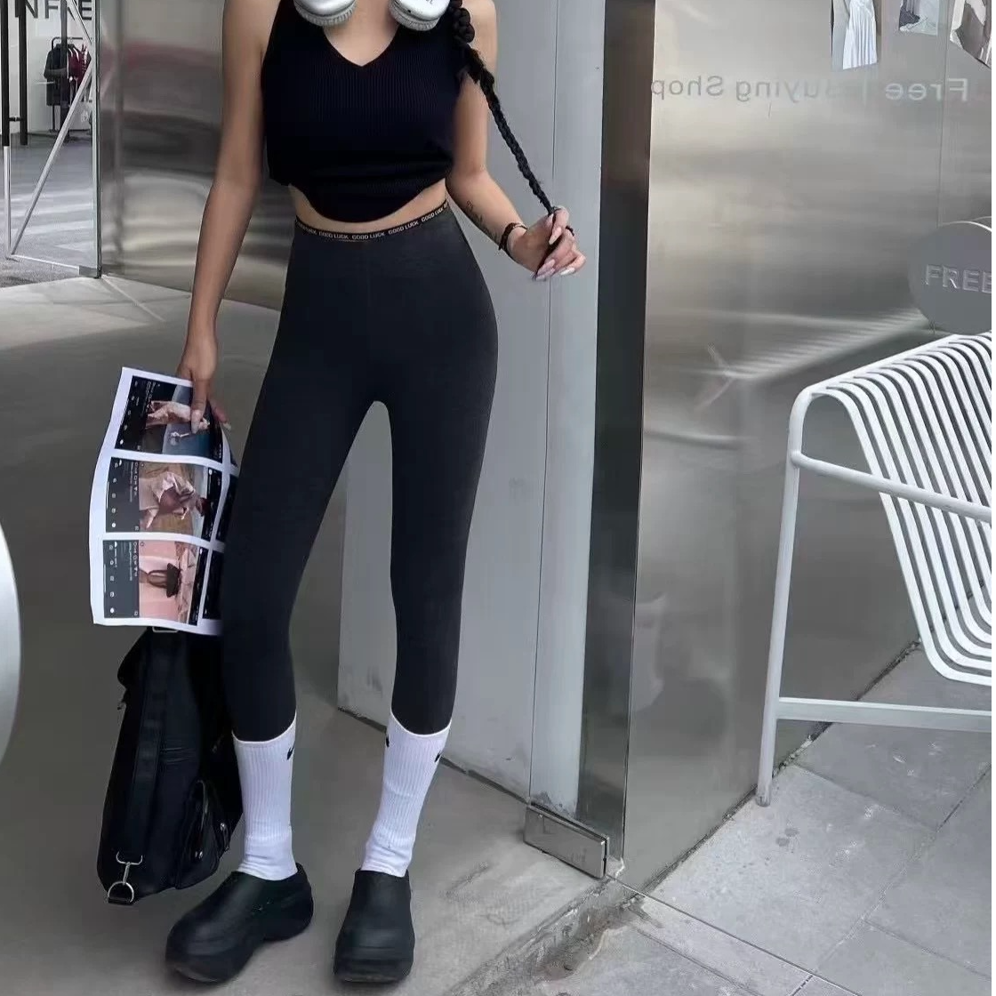 时尚休闲裤中腰针织黑色高腰紧身裤厚款成人打底裤