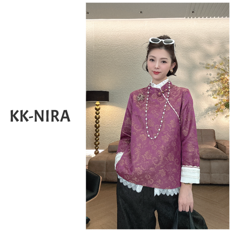 KK-NIRA 新中式丝麻提花斜襟立领上衣
