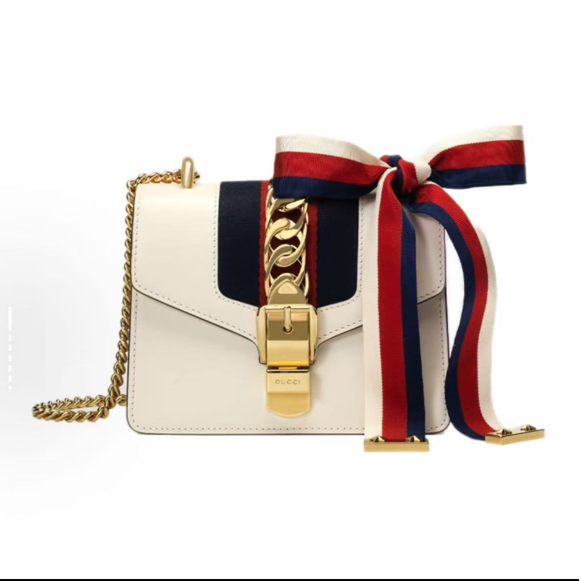 99新 GUCCI/古驰 【达播专属】塞尔维亚小号斜跨链条包白色/黑色