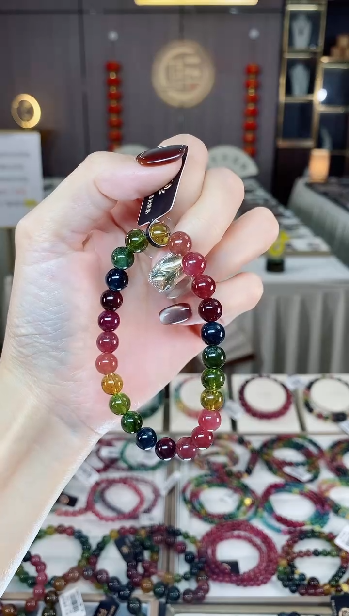 未镶嵌老矿碧玺色标彩虹单圈手串7mm+碧玺dan多样性发货一条
