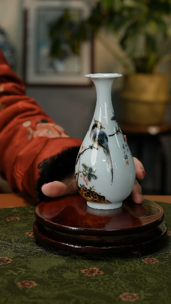 【闪购商品】015国企好瓷推荐粉彩花鸟玉壶春赏瓶