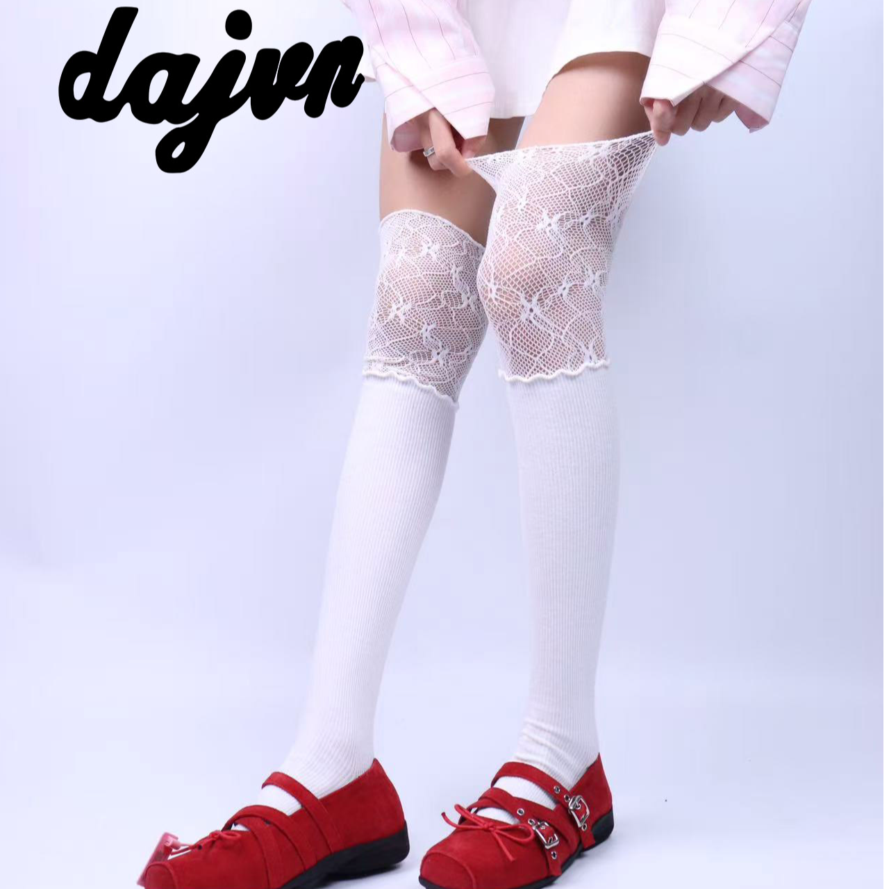 DAJUN ‘芭蕾风蕾丝’小腿过膝袜夏季拨款黑白高筒袜