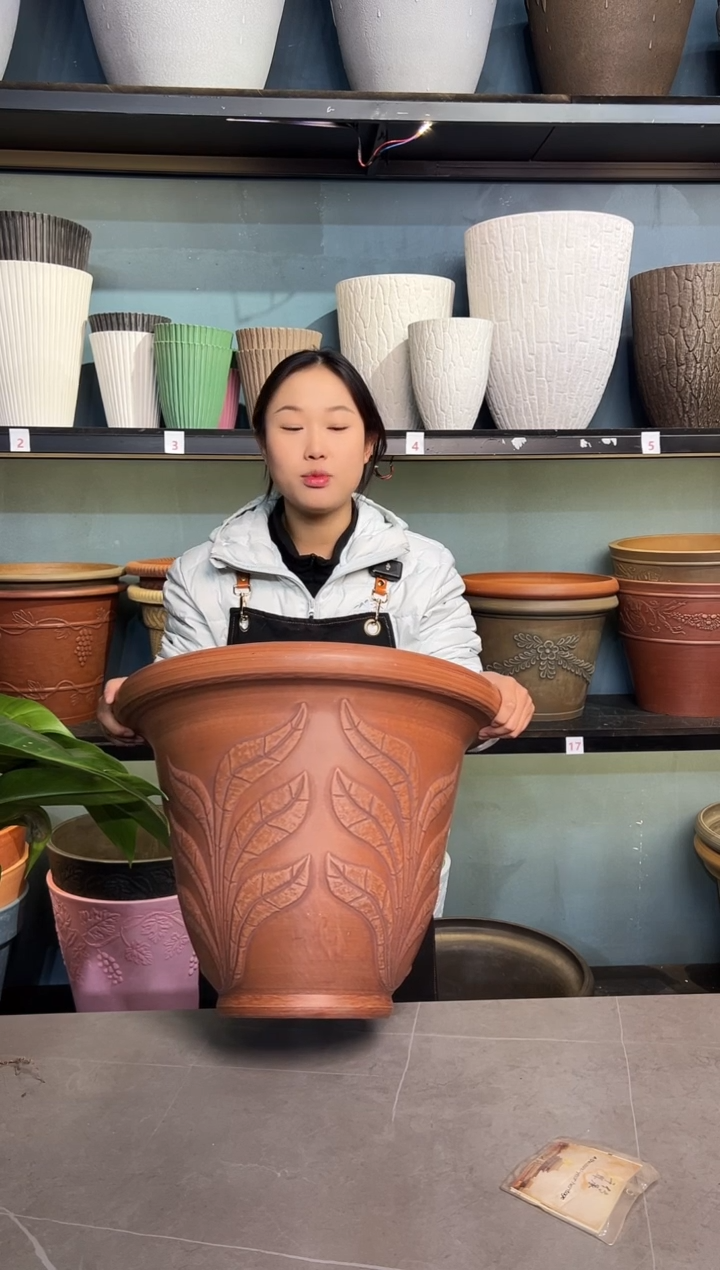 50*38/09D50/陶土色浮雕叶子大花盆外贸尾单