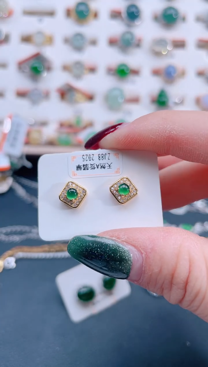 银S925镶嵌翡翠耳饰天然翡翠